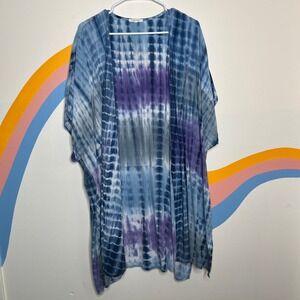 Womens Tie Dye Kimono Open Front Cover Up Blue Purple L XL Boho Beachy Hippie